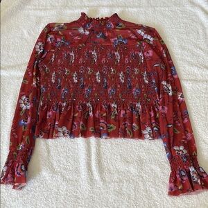 Chelsea & Violet Red Floral Smocked Long-Sleeve Crop Top